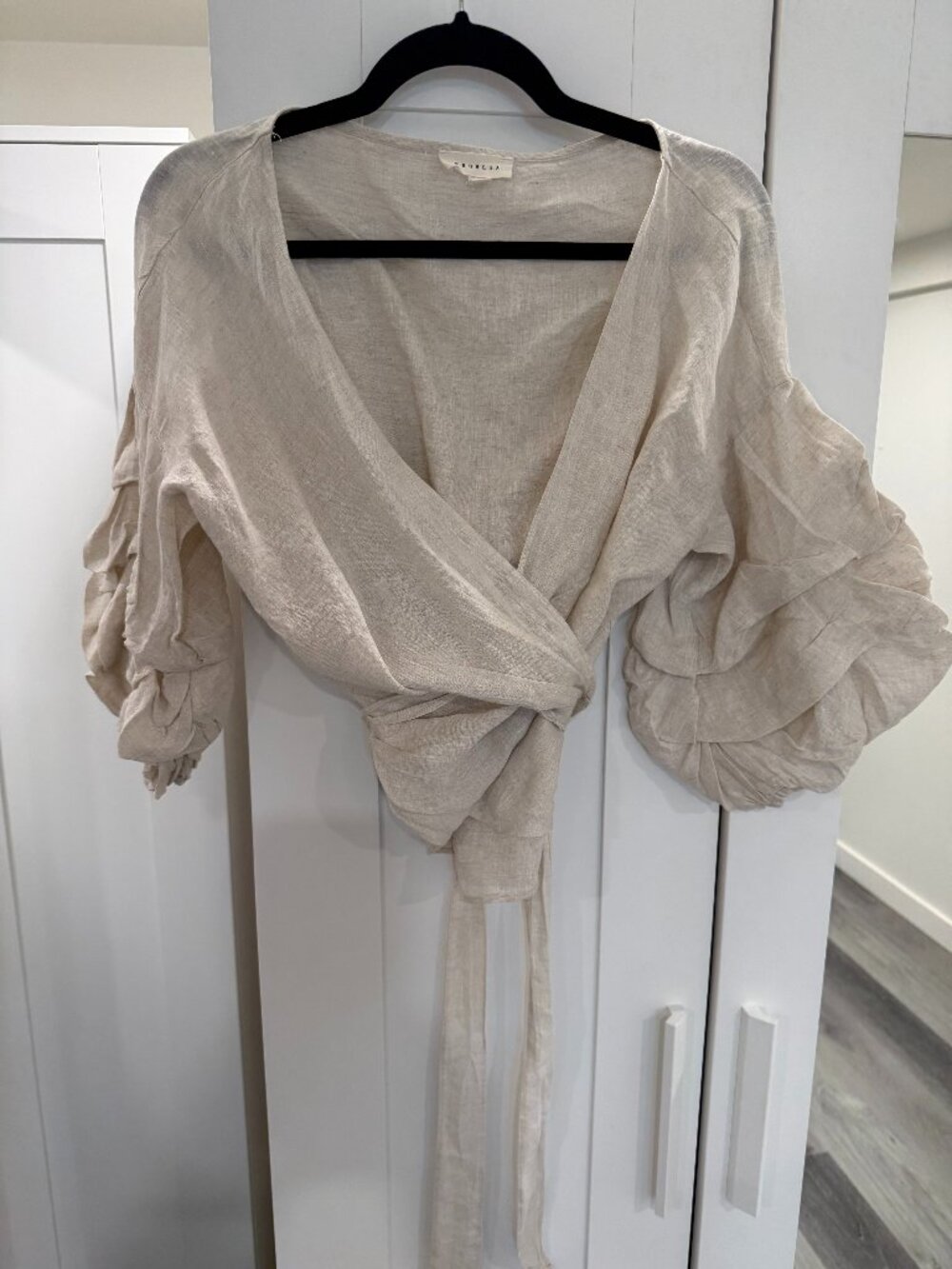 PROMESA Cream Linen wrap top with bell sleeves (size S)